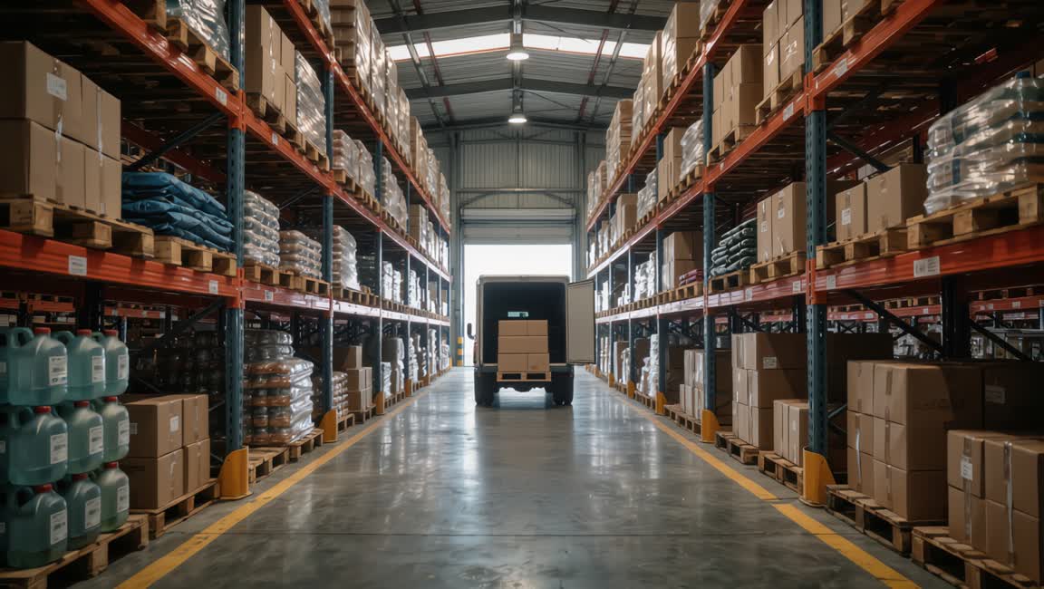 Aisle of a humanitarian warehouse leading to a truck at the loading bay